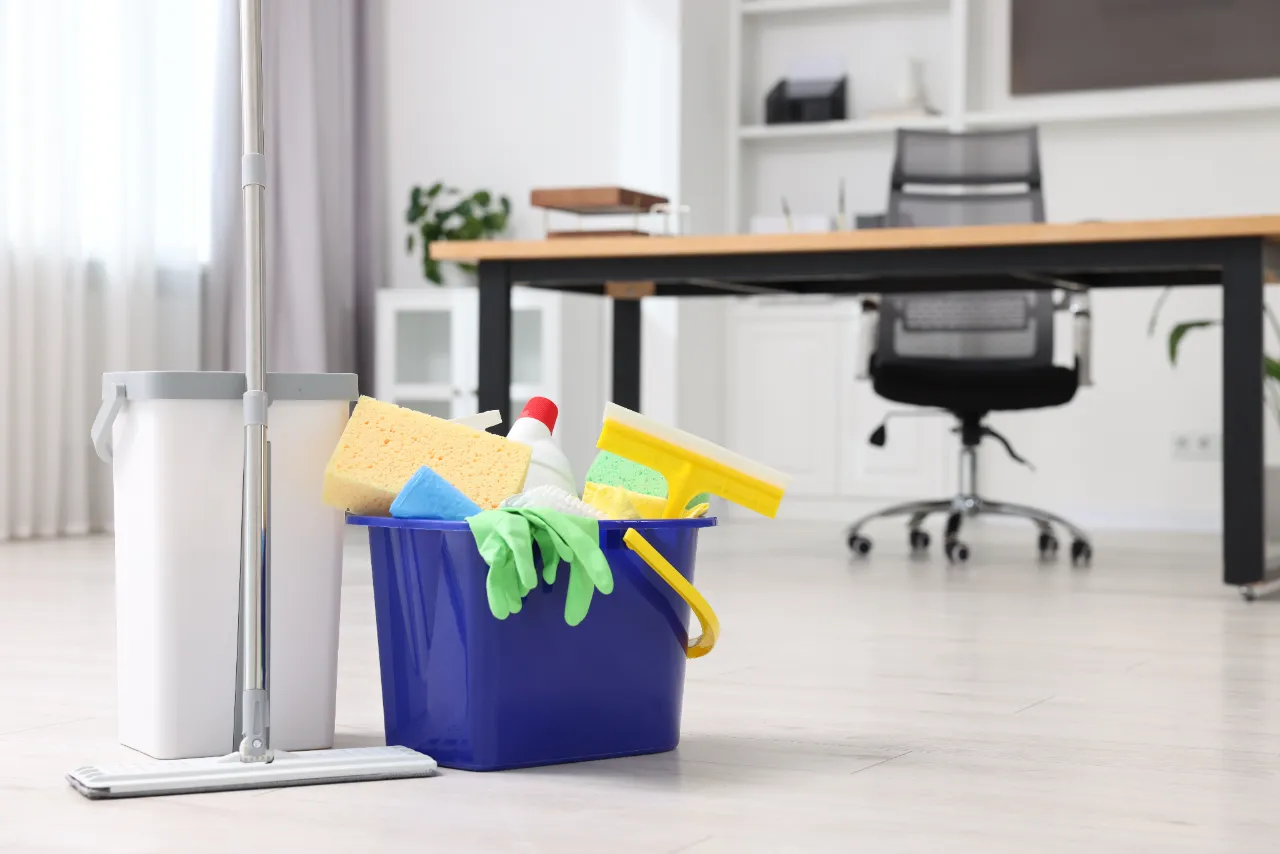 Office cleaning supplies ready in a bright New Jersey workplace